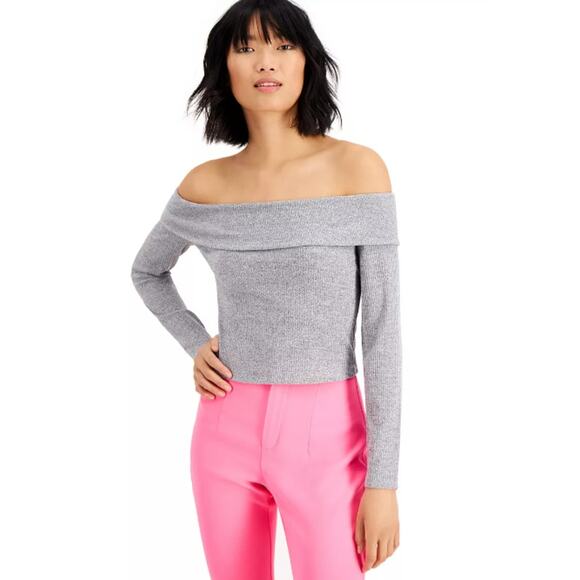 Bar III Off The Shoulder Ribbed Gray Crop Long Sleeve Top Women Sz XS - Picture 1 of 7